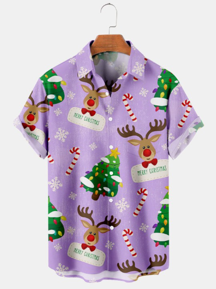 Christmas Elk Christmas Tree Print Short Sleeve Shirt