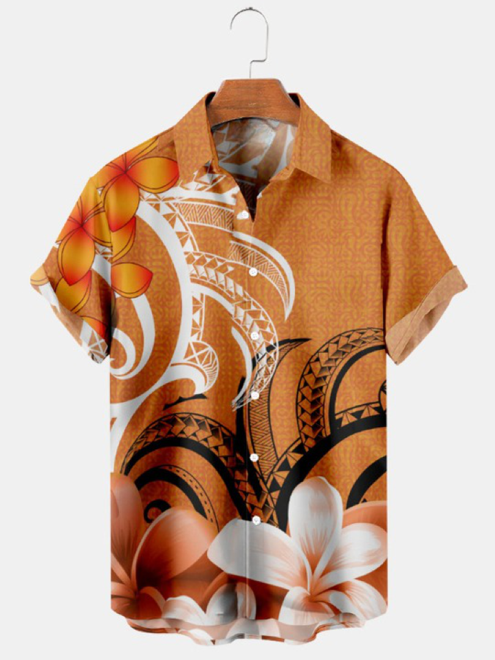 Vintage Hawaiian Ethnic Print Pocket Short Sleeve Shirt