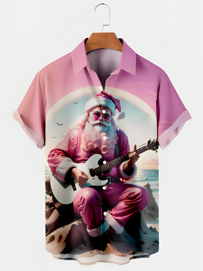 Santa Claus Playing Guitar Print Shirt