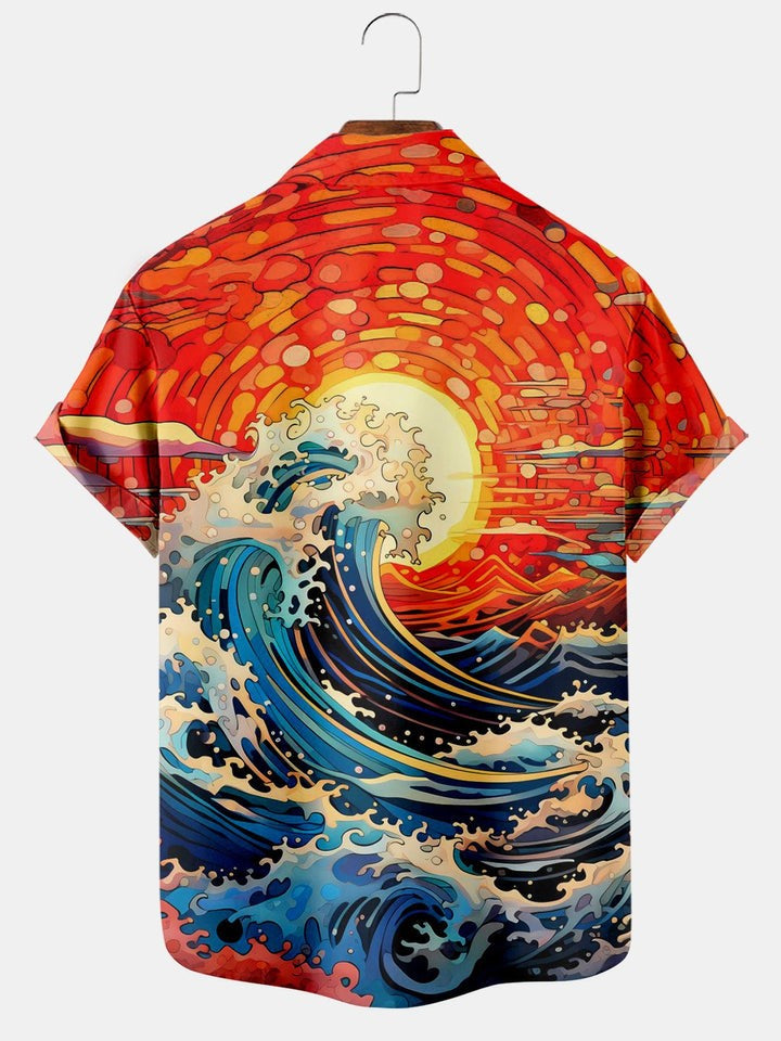 Vintage Fun Ocean Wave Print Pocket Shirt