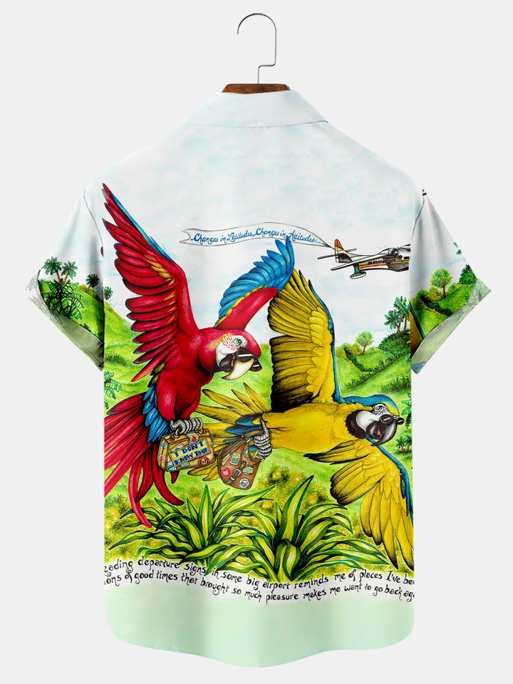 Flying Parrot Print Short Sleeve Shirt