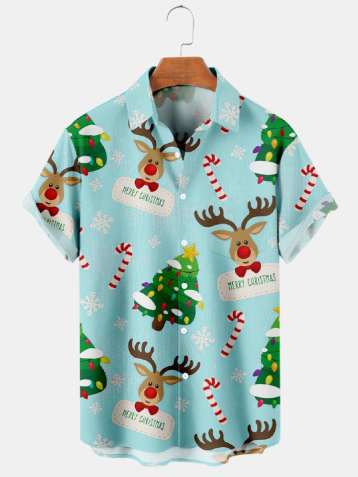 Christmas Elk Christmas Tree Print Short Sleeve Shirt