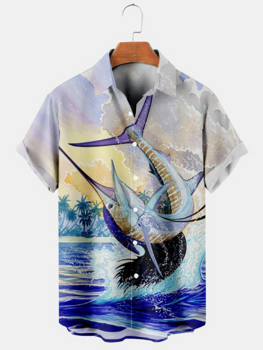 Gradient Fish And Sailboat Print Shirt