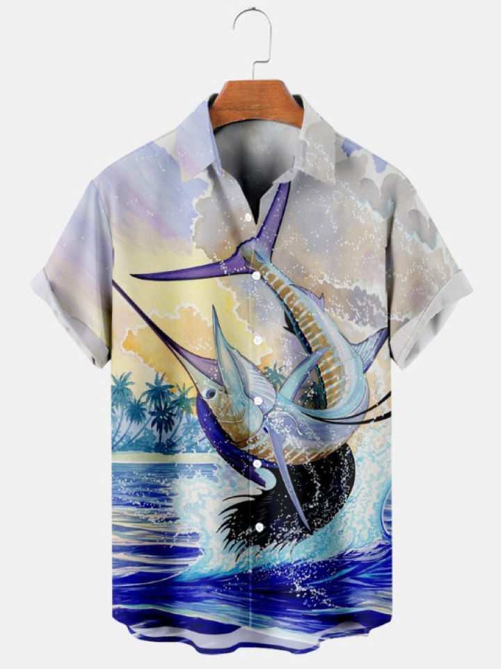 Gradient Fish And Sailboat Print Shirt