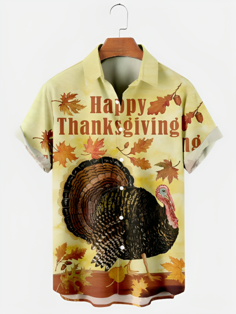 Retro Happy Thanksgiving Print Short Sleeve Shirt