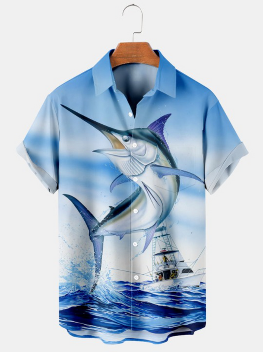 Hawaiian Ocean Yacht And Fish Print Shirt