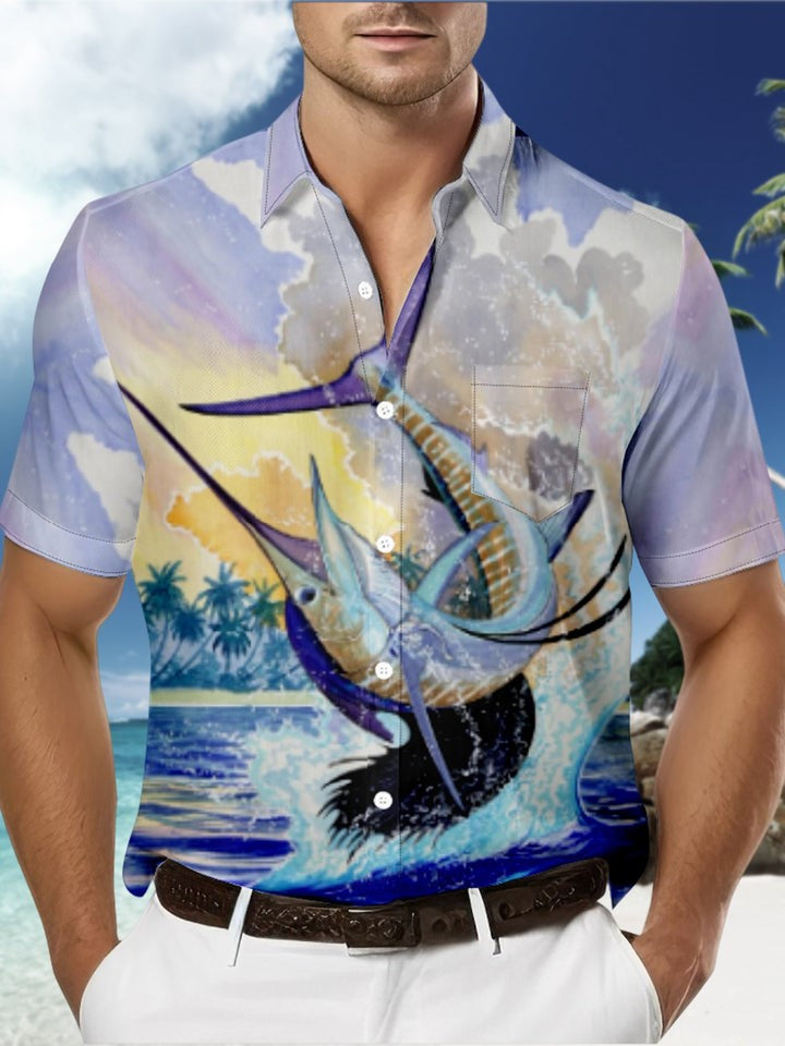 Gradient Fish And Sailboat Print Shirt