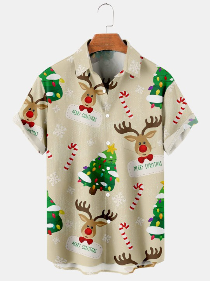 Christmas Elk Christmas Tree Print Short Sleeve Shirt