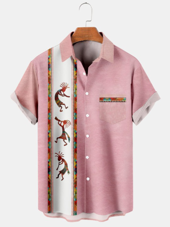 Vintage Kokopelli Stripe Print Bowling Shirt