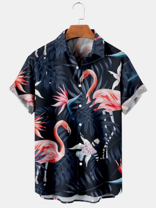 Hawaiian Palm Leaf And Flamingo Print Shirt