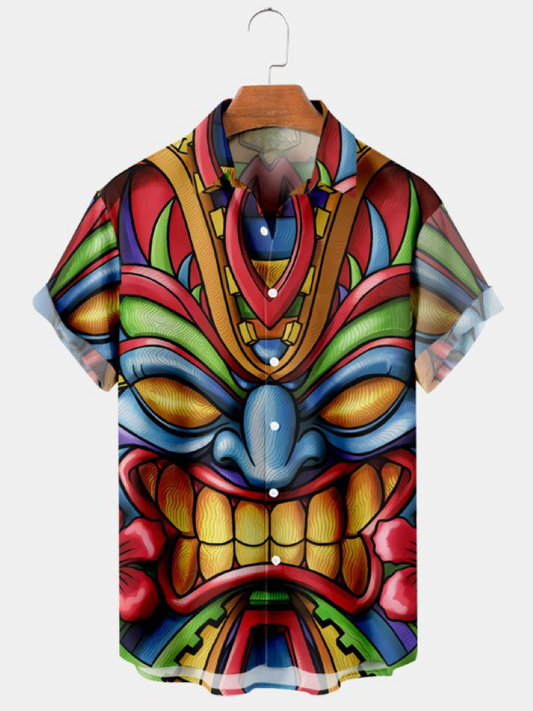 Hawaiian Tiki Mask Print Casual Shirt