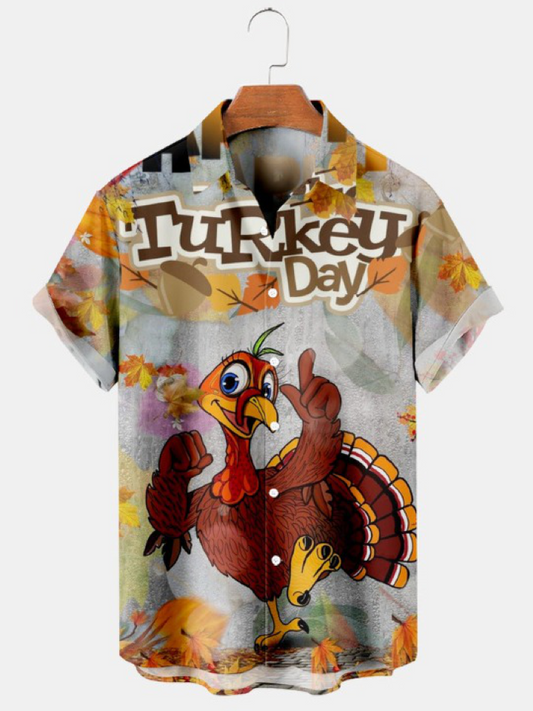 Retro Turkey Fallen Leaf Print Short Sleeve Shirt