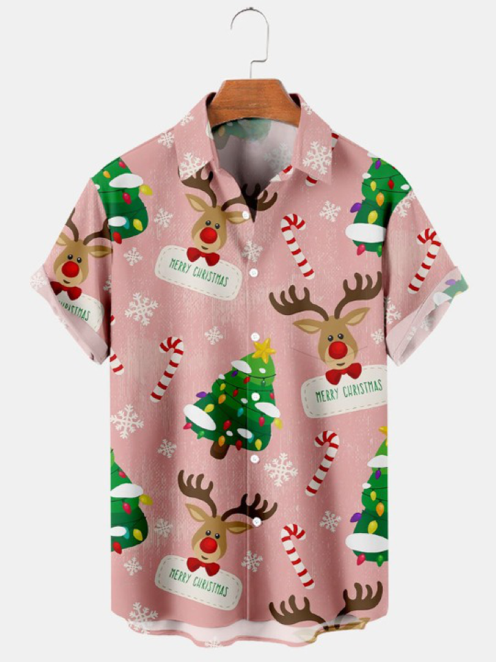 Christmas Elk Christmas Tree Print Short Sleeve Shirt