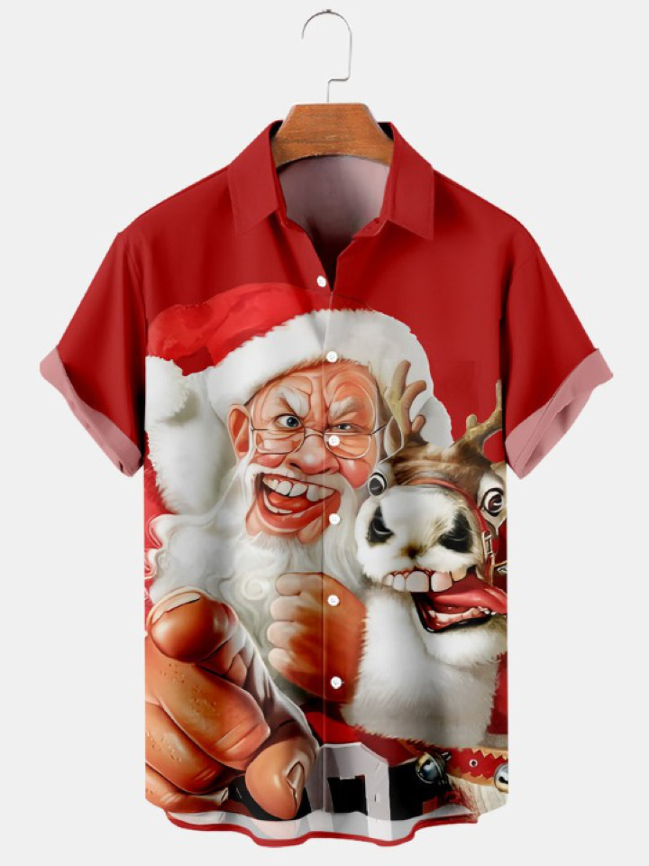 Christmas Fun Santa Elk Print Casual Short Sleeve Shirt