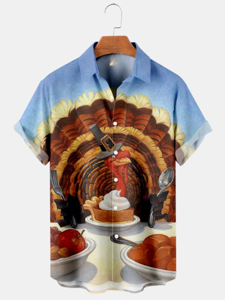 Thanksgiving Turkey Print Pocket Shirt