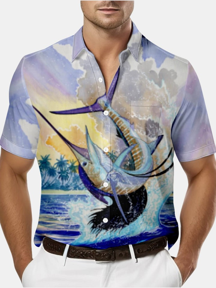 Gradient Fish And Sailboat Print Shirt