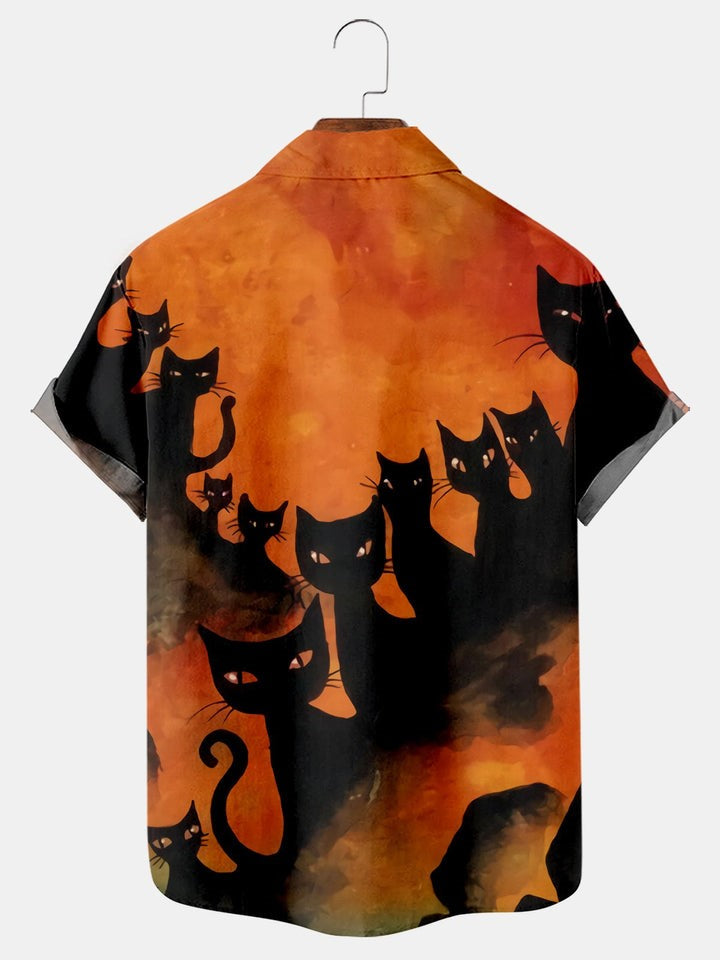 Halloween Fun Cat Print Casual Short Sleeve Shirt