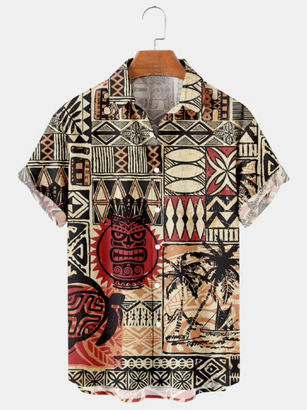 Vintage Hawaiian Tiki Print Casual Loose Shirt