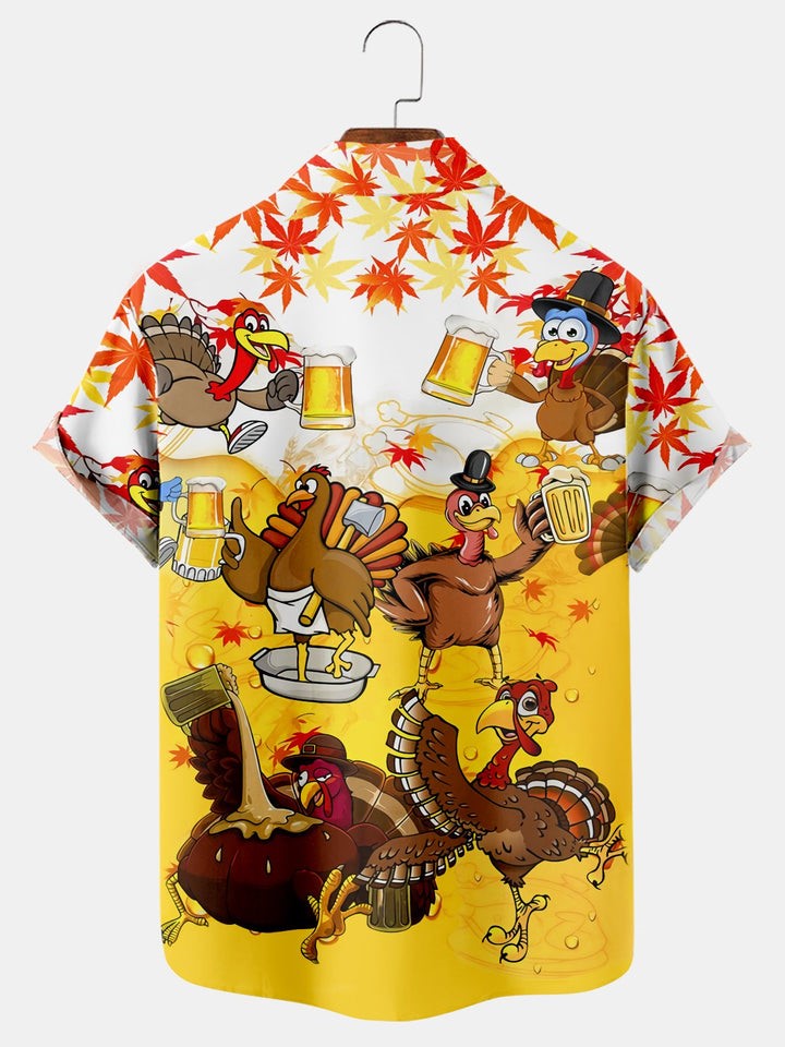 Maple Leaf Turkey And Beverage Print Short Sleeve Shirt