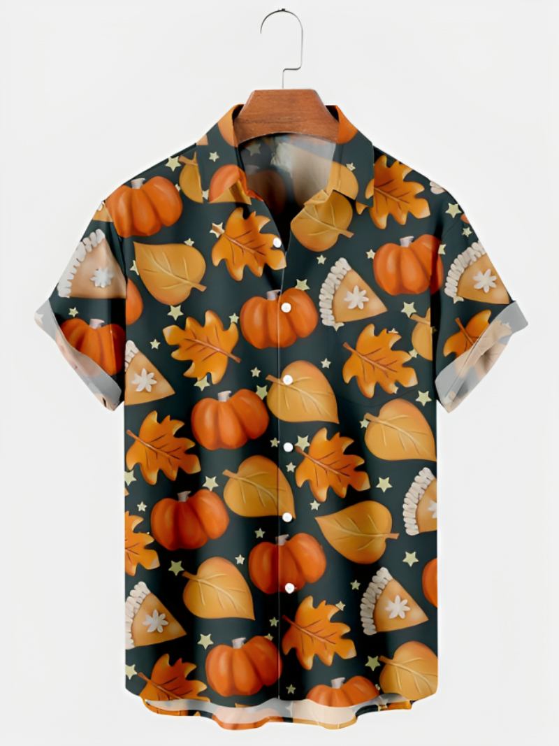 Maple Leaf Pumpkin Print Short Sleeve Shirt