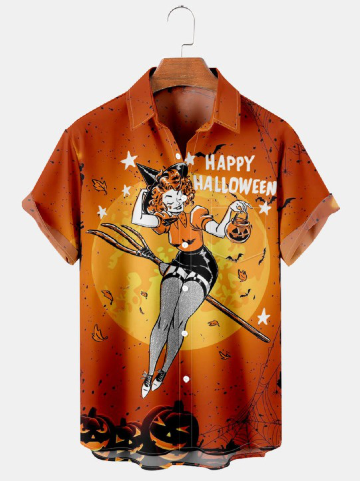 Halloween Pinup Print Pocket Short Sleeve Shirt