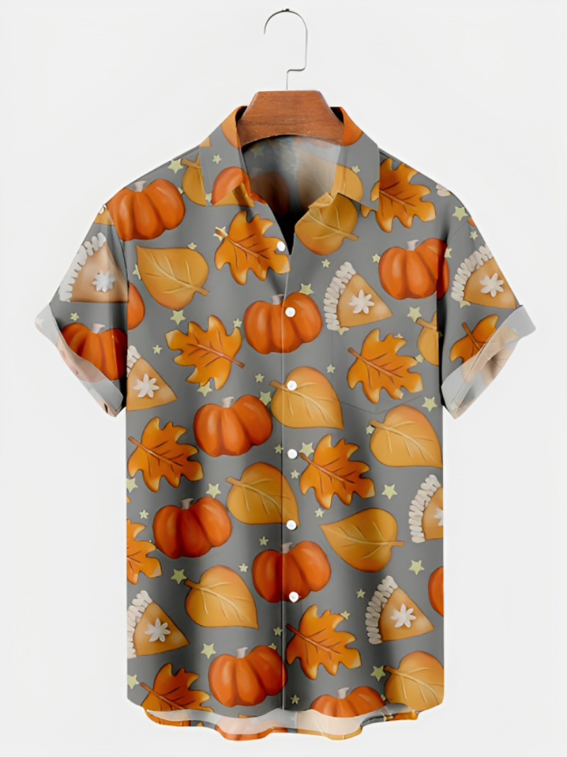 Maple Leaf Pumpkin Print Short Sleeve Shirt