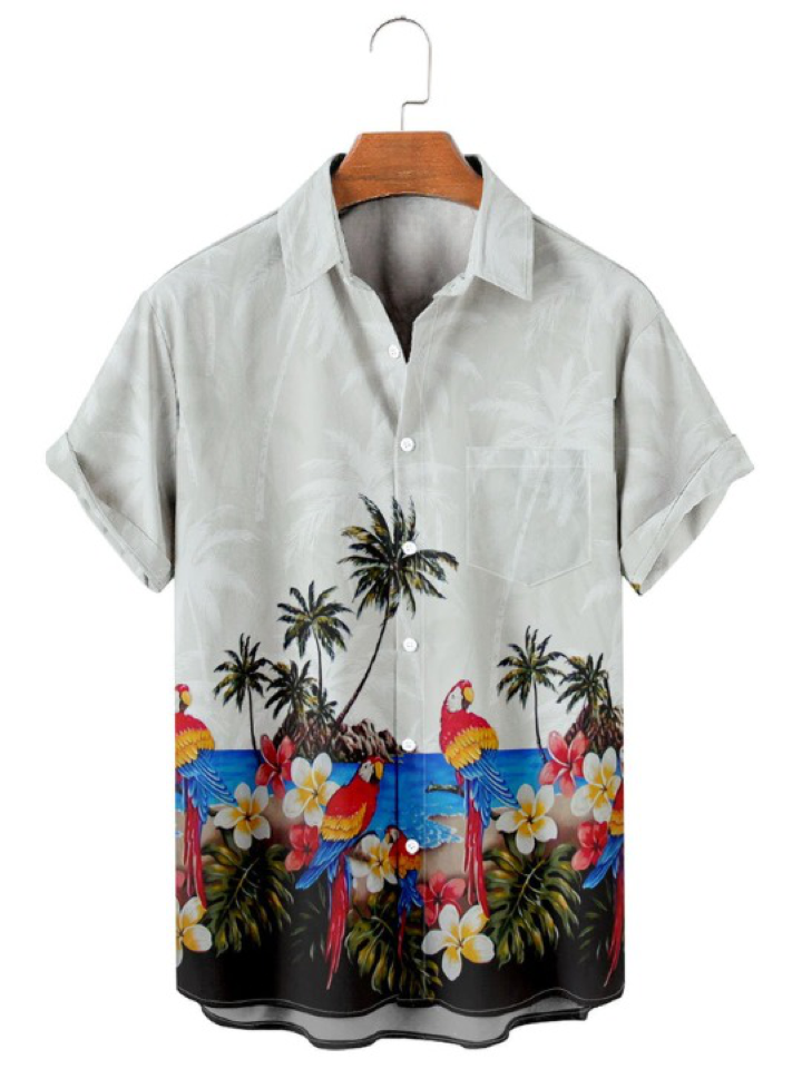 Beach Palm Parrot Print Short Sleeve Shirt