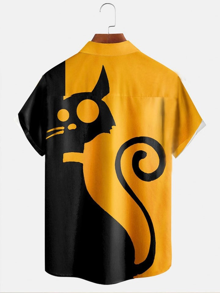 Casual Halloween Cat Patchwork Casual Shirt