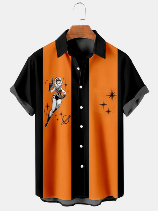 Halloween Fun Print Pocket Short Sleeve Shirt