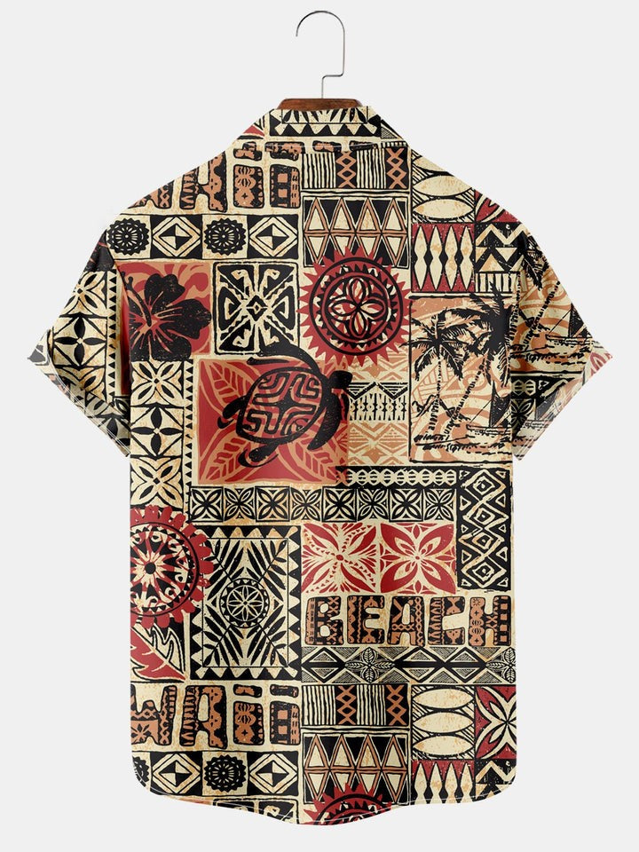 Hawaiian Vintage Ethnic Print Pocket Short Sleeve Shirt