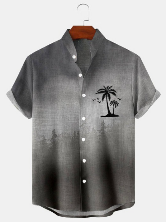 Gradient Tree Print Stand Collar Short Sleeve Shirt