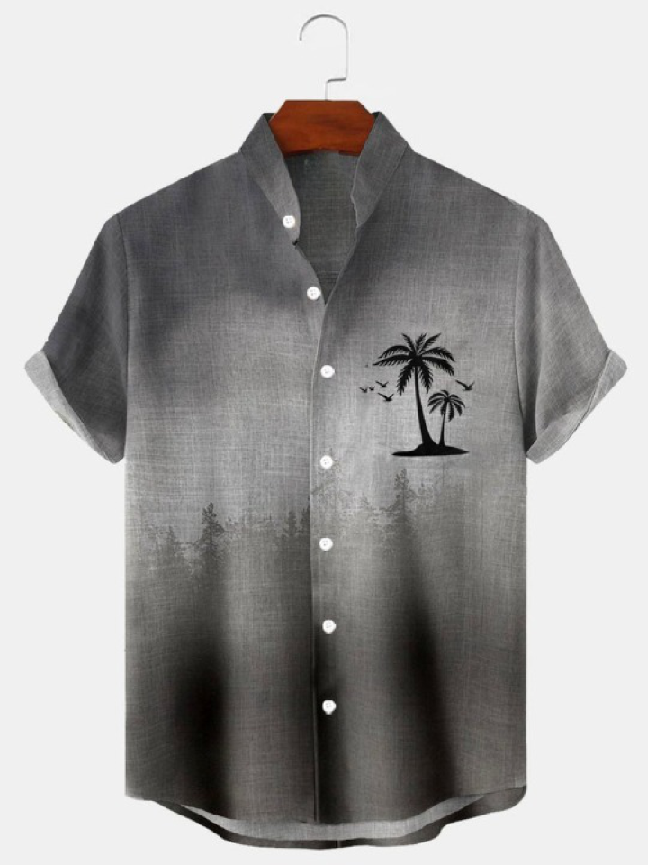 Gradient Tree Print Stand Collar Short Sleeve Shirt