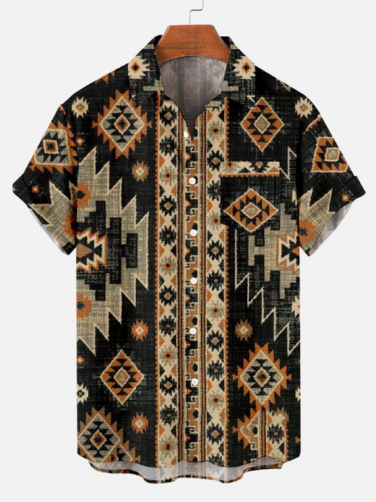 Retro Western Ethnic Stripes Pattern Short Sleeve Shirt