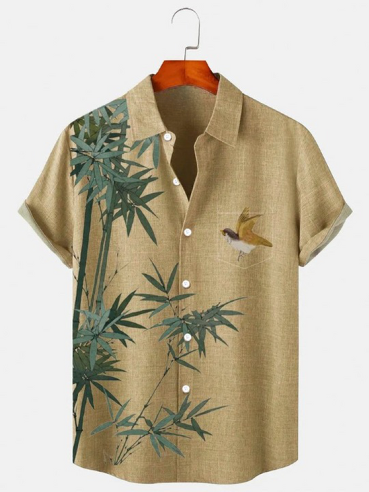 Bamboo Bird Print Pocket Short Sleeve Shirt