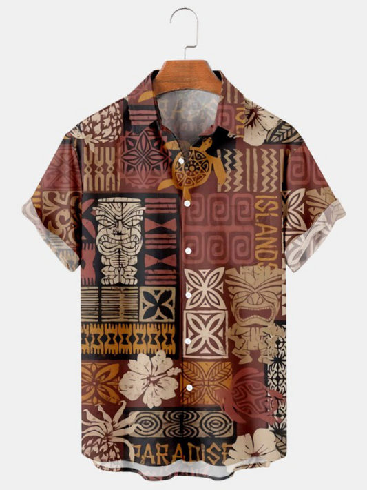 Vintage Hawaiian Tiki Print Loose Oversized Shirt