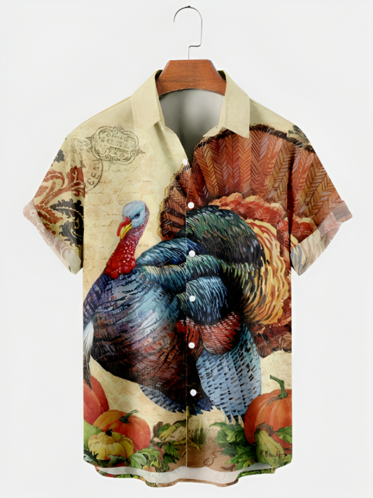 Thanksgiving Pumpkin Print Casual Short Sleeve Shirt