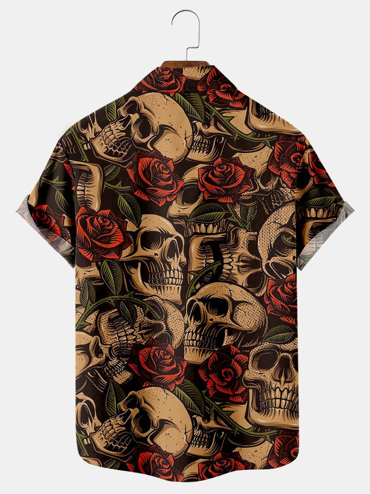 Rose Print Pocket Loose Short Sleeve Shirt