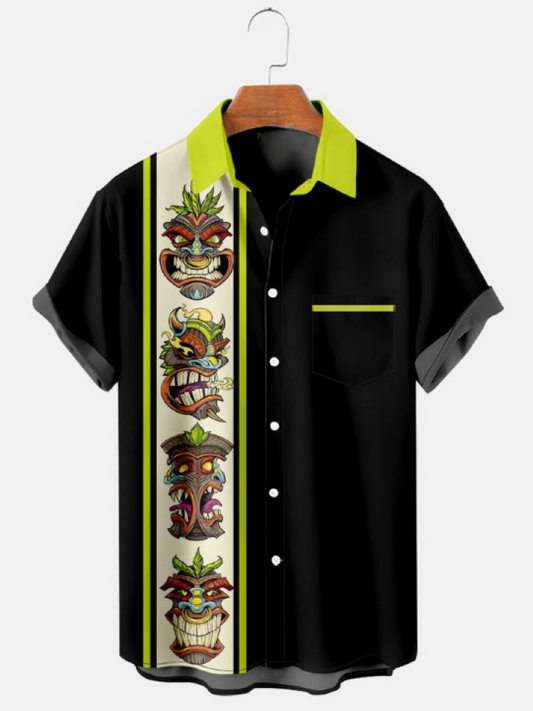 Ethnic Coconut Tree Print Pocket Short Sleeved Shirt