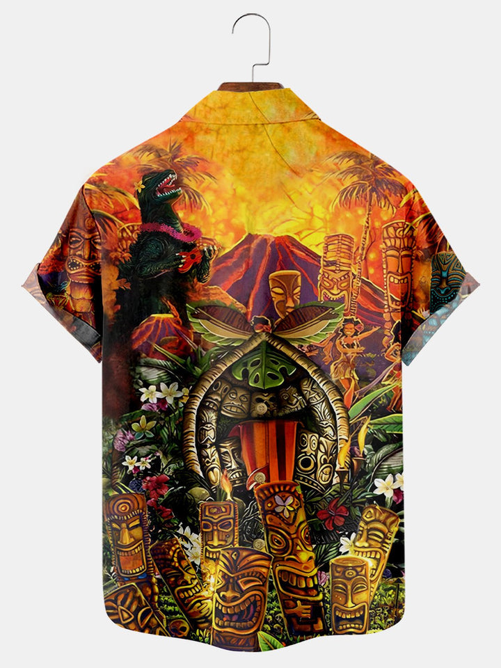 Hawaiian Tiki Print Casual Oversized Shirt