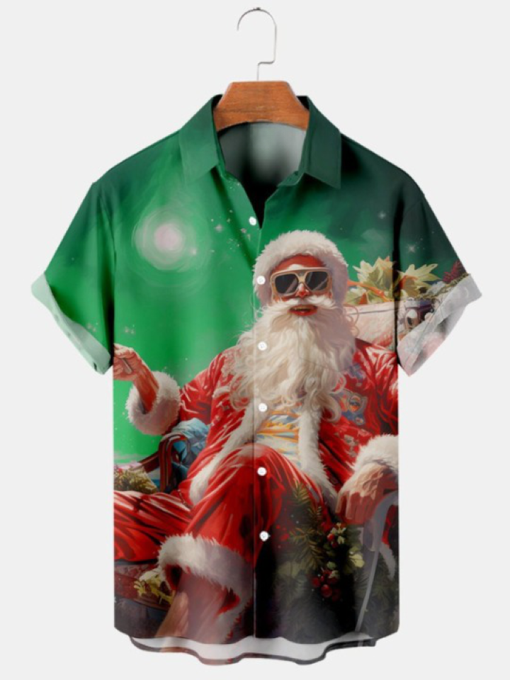 Vintage Santa Claus Print Short Sleeve Shirt