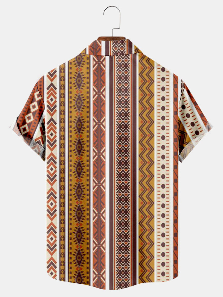 Ethnic Stripe Print Pocket Hawaiian Short Sleeve Shirt