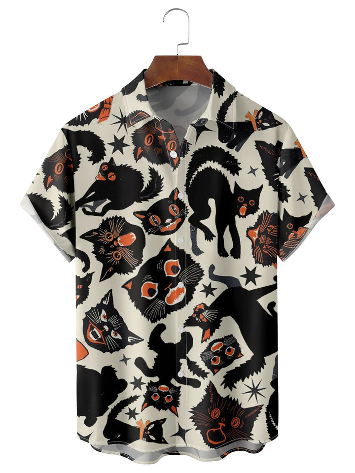 Casual Halloween Cat Print Comfort Shirt