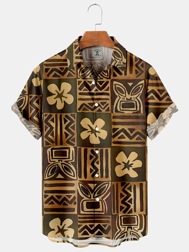 Vintage Hawaiian Tiki Print Loose Shirt