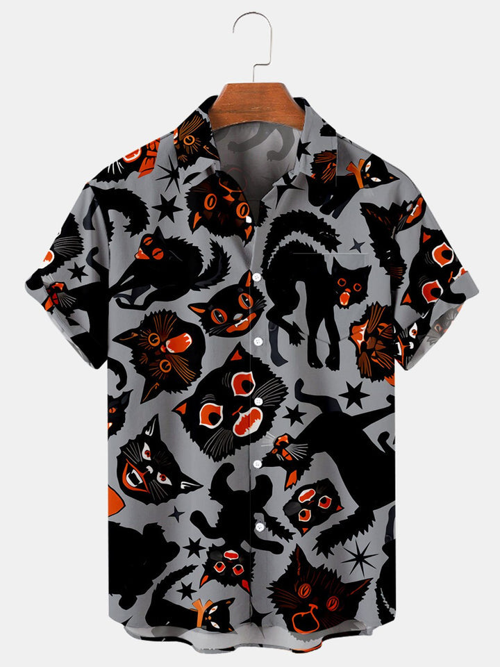 Casual Halloween Cat Print Comfort Shirt