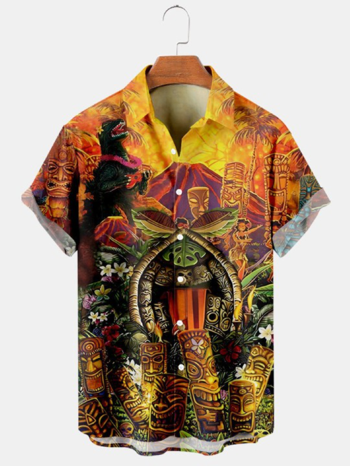 Hawaiian Tiki Print Casual Oversized Shirt