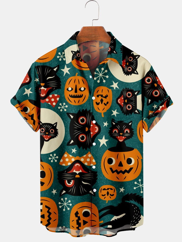 Halloween Fun Pumpkin Cat Print Shirt