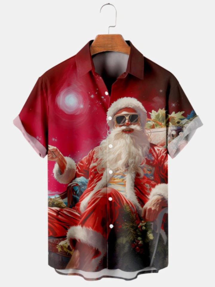 Vintage Santa Claus Print Short Sleeve Shirt