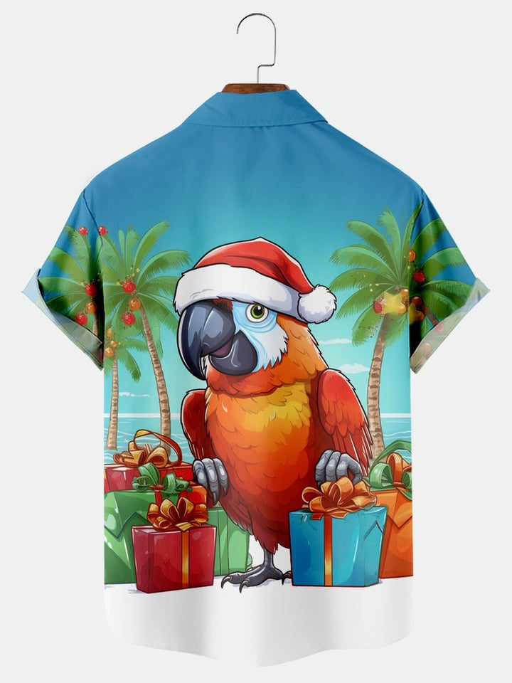 Christmas Seaside Parrot Printed Short Sleeve Shirt