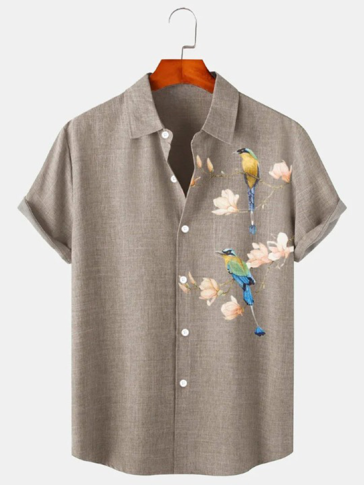 Parrot Plum Blossom Print Hawaiian Loose Shirt
