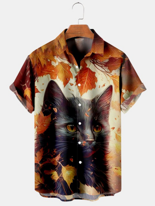 Cat Print Pocket Short Sleeve Shirt